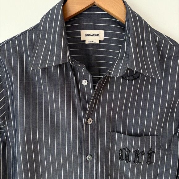 Zadig and Voltaire Taskiz Manifesto Striped Embellished Cotton Button Shirt Sz S - Picture 6 of 12